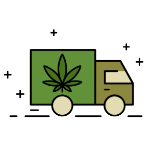 Cartoon image of a delivery truck with a marijuana leaf on the side of the truck