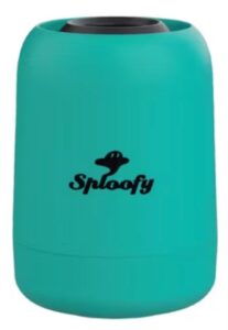  A teal-colored cylindrical device with a black top, featuring the word 'Sploofy' in a playful black font with a small ghost-like icon above the text, set against a plain background
