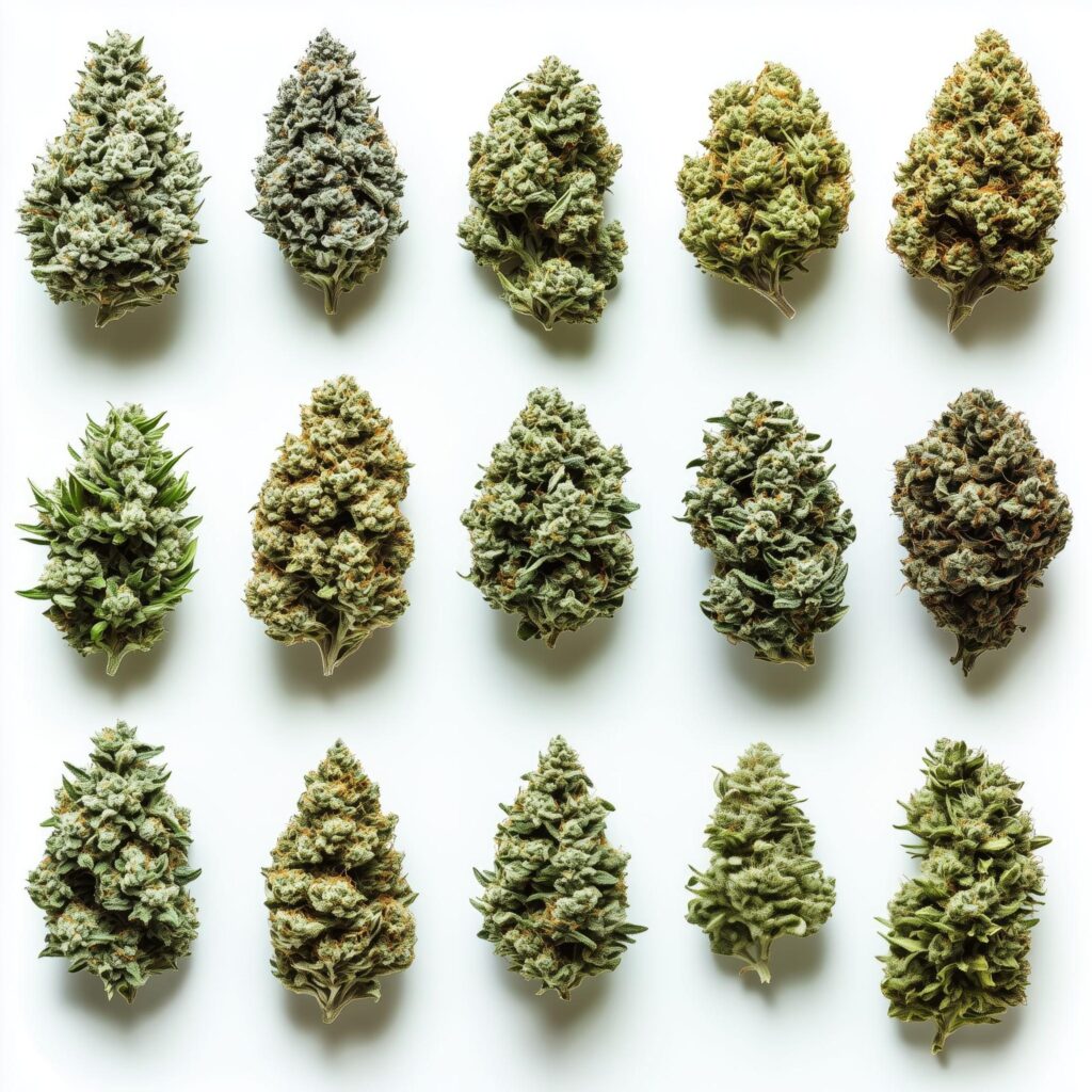 Different strain buds of cannabis flower