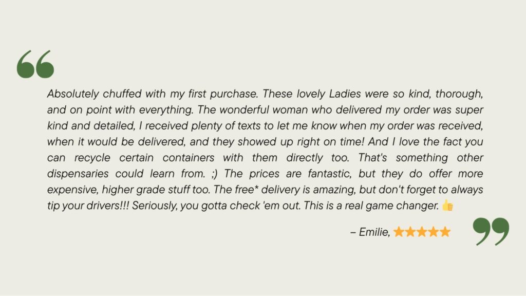 5-star Google Review about MA cannabis delivery service reliability