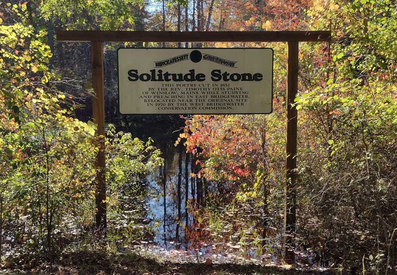Photo of the Solitude stone sign. A historical site in Massachusetts. Used to illustrate West Bridgewater in this section about marijuana delivery in West Bridgewater ma.